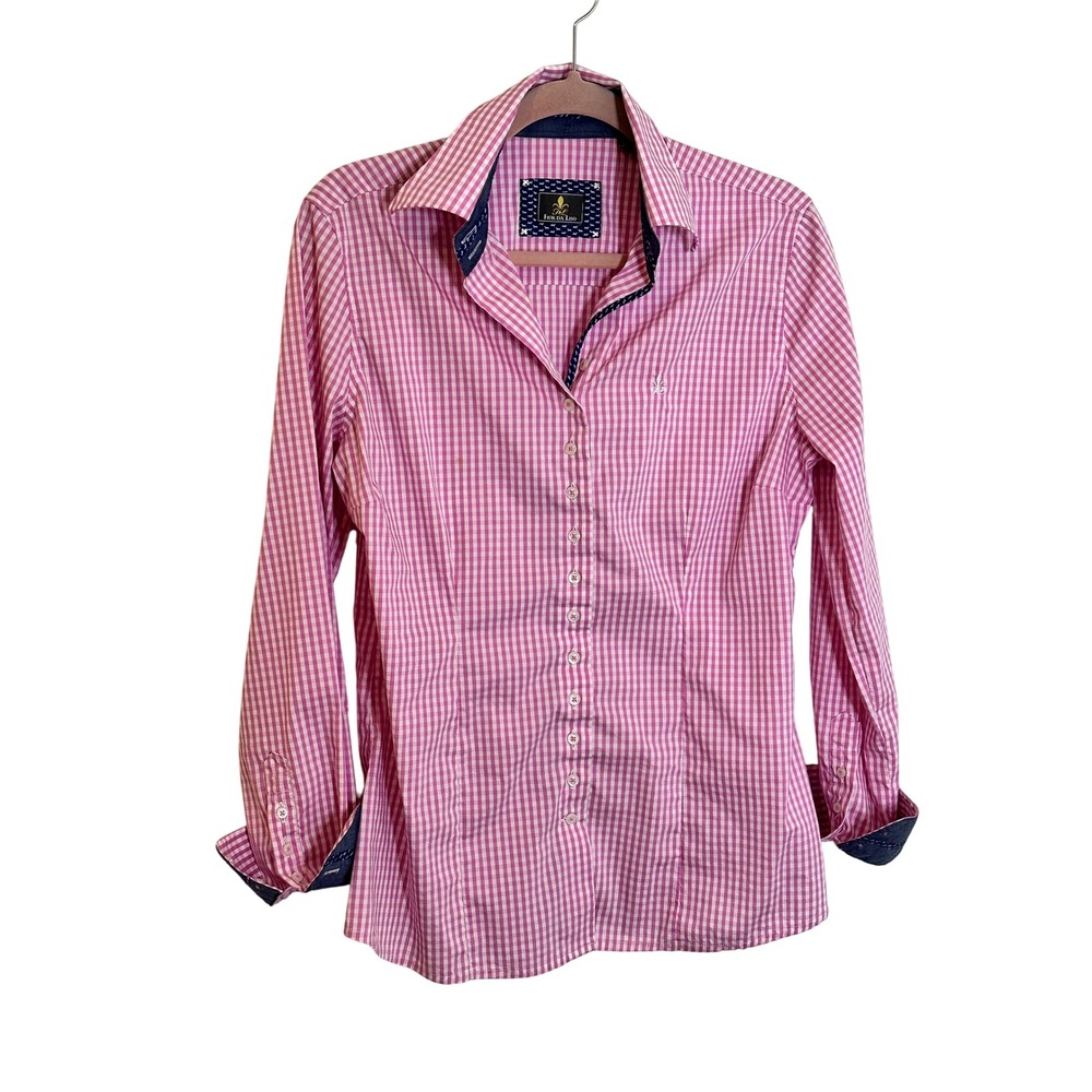 Fior Da Liso Iris Button Up Shirt Size 14 Pink Gingham Equestrian Flip Cuff